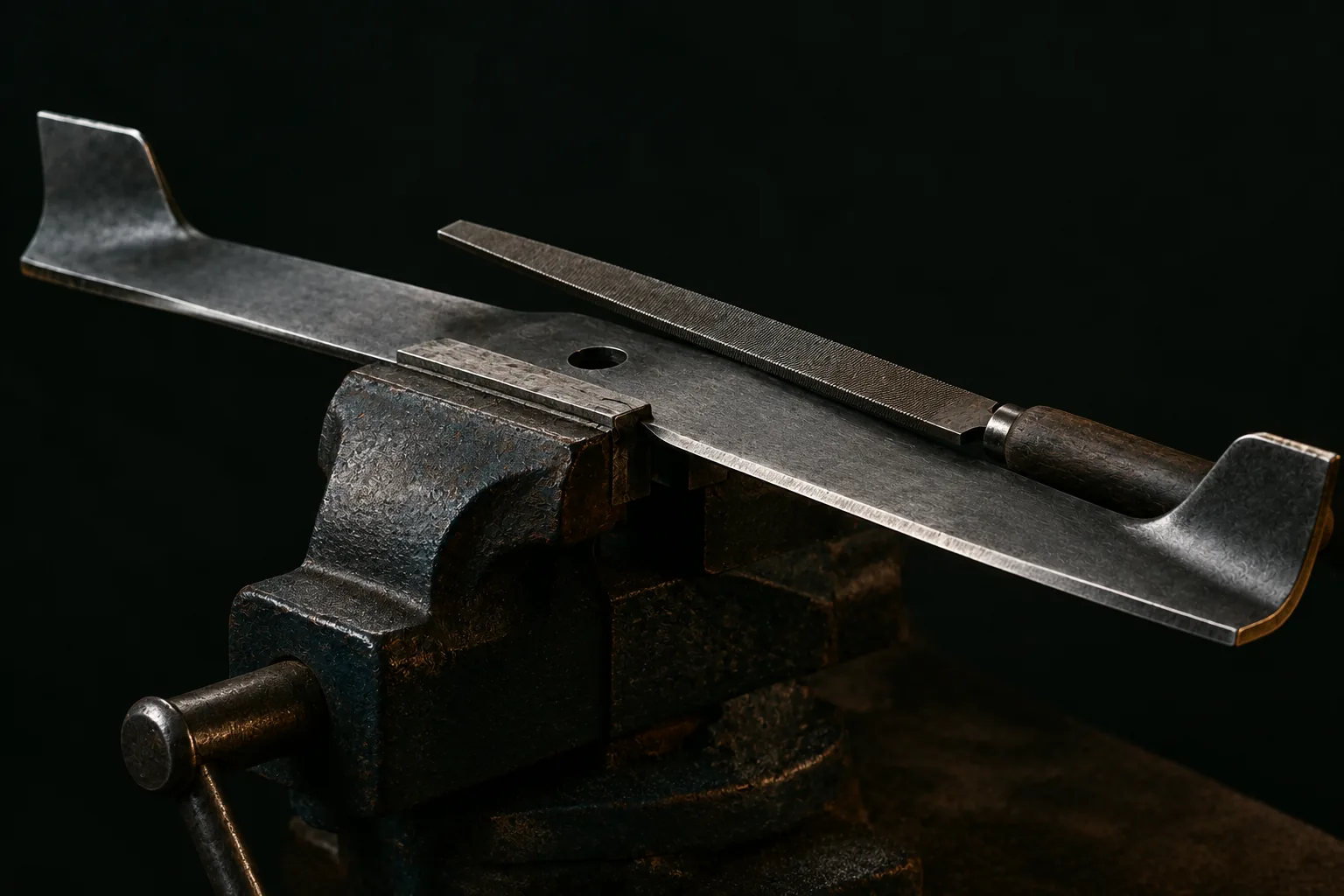 Une lame de tondeuse démontée, longue et droite avec un relevage à chaque extrémité, posée en travers des mors d’un étau d’établi, une lime plate à manche de bois posée dessus dans sa longueur