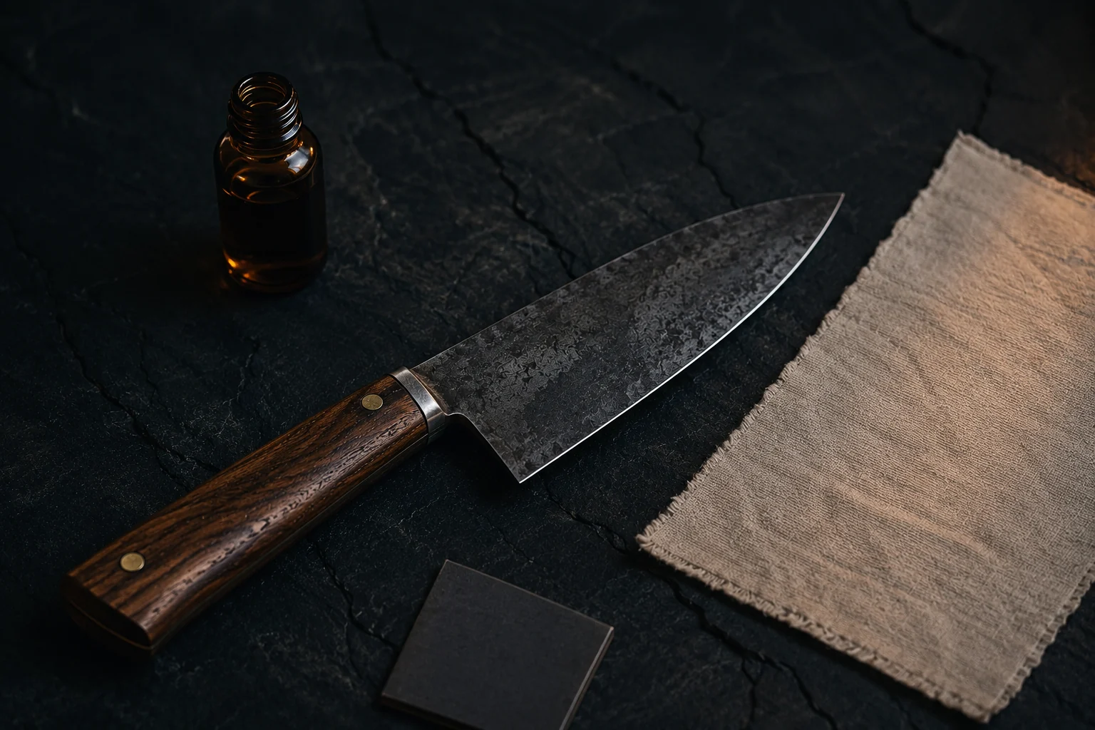 Un couteau à manche de bois posé sur une ardoise sombre, un petit flacon de verre ambré sans étiquette derrière lui, un carré de papier abrasif et un chiffon de coton clair étalé complètement à plat à côté